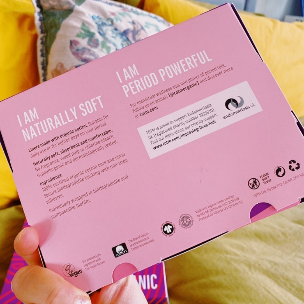 Back of TOTM product box displaying Endometriosis UK logo