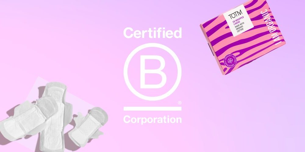 B Corp logo against pink and purple background to celebrate TOTM becoming B Corp Certified