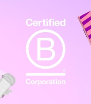 B Corp logo against pink and purple background to celebrate TOTM becoming B Corp Certified