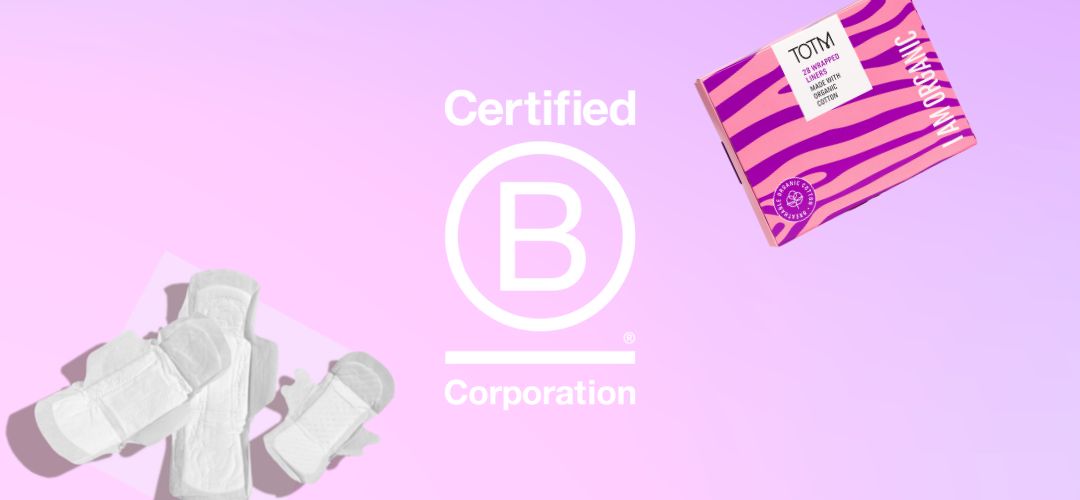 B Corp logo against pink and purple background to celebrate TOTM becoming B Corp Certified