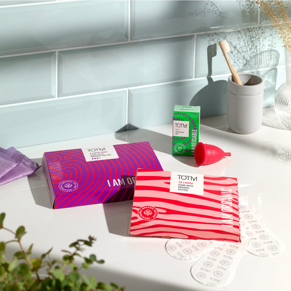 TOTM pads, liners and menstrual cup in bathroom set as part of cup newbie bundle