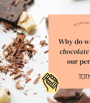 broken chocolate with title reading "why do we crave chocolate during our period?" 'period cravings'