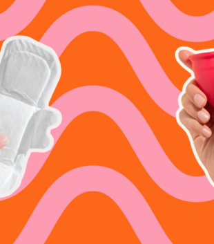 Options of sustainable period products including a Menstrual cup and organic pad against a orange and pink wavy pattern.