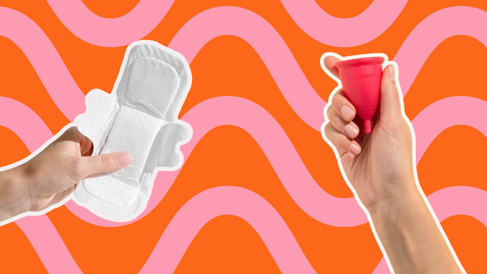 Options of sustainable period products including a Menstrual cup and organic pad against a orange and pink wavy pattern.