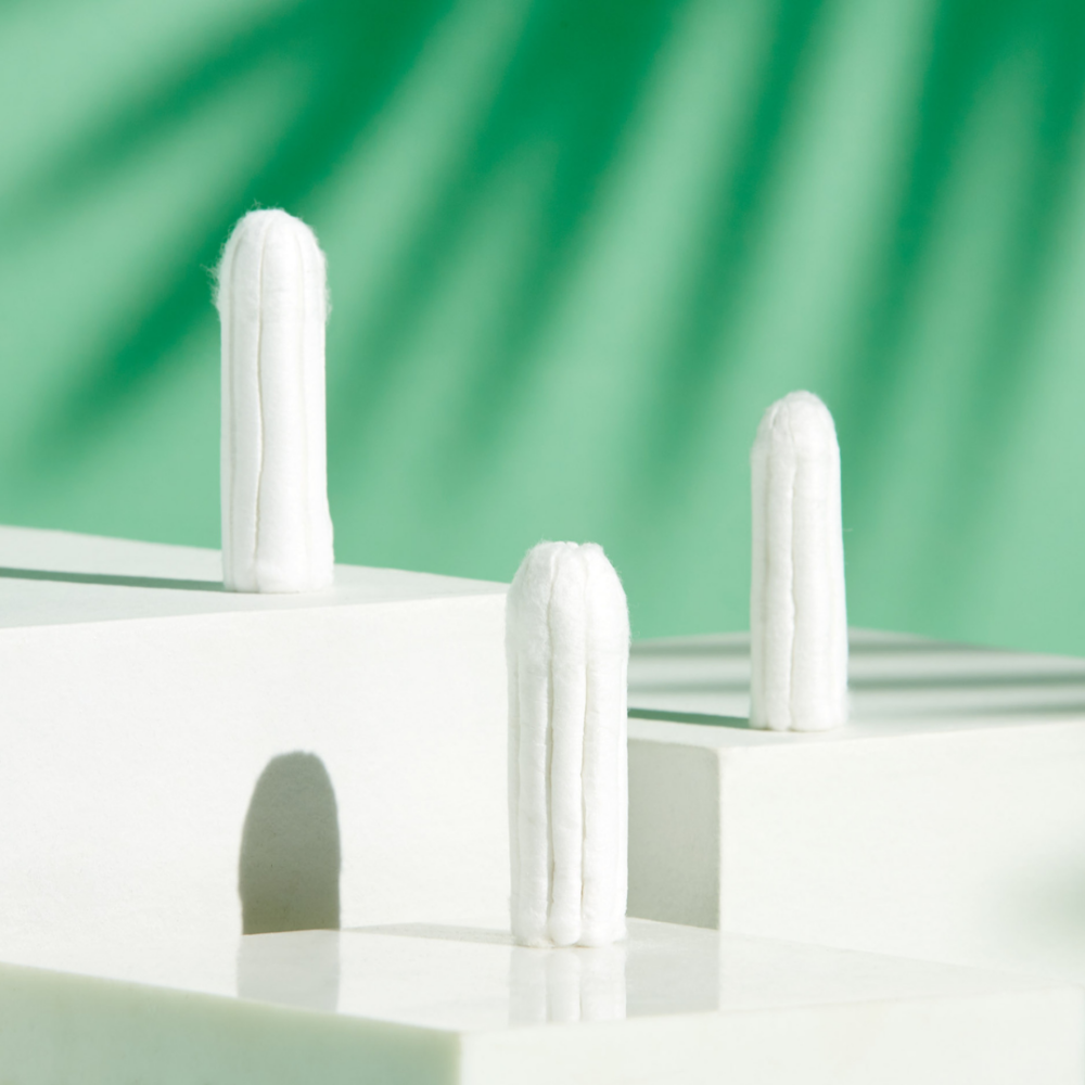 Non-applicator tampons stood upright on boxes